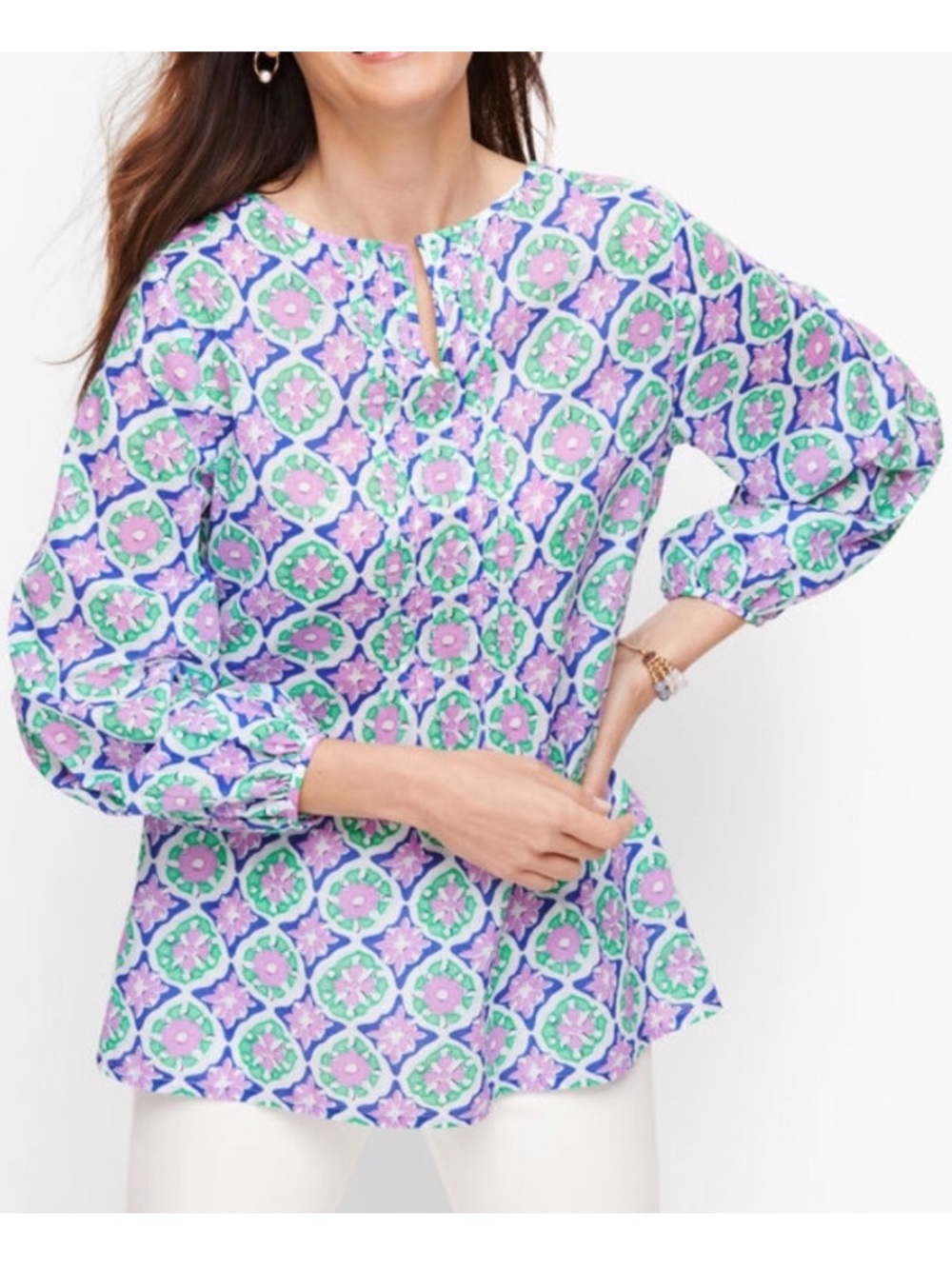 Talbots Petite Pintuck Medallion Patterned Lightweight Blouse